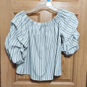 She‎ + Sky Women's SMALL Black & White Striped Top Blouse Boho Peasant Shoulder